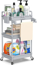 SPACEKEEPER Rolling Storage Cart, 3 Tier Utility Cart Laundry Room Organization Mobile Shelving Unit Bathroom Organizer with Towel Rack, Lockable Wheel, Hooks & Cup for Kitchen Office, Grey