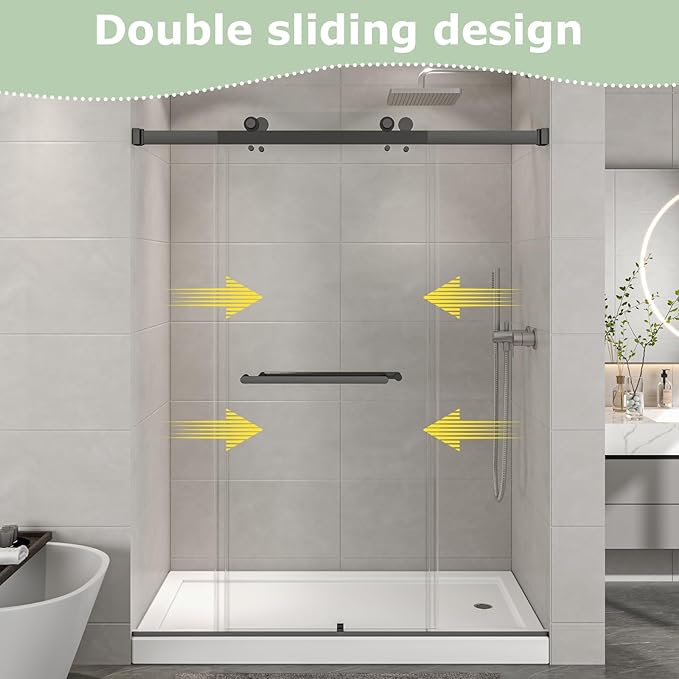 49"- 54" W x 76" H Frameless Shower Door, Double Sliding Shower Door,5/16"(8mm) Clear Tempered Glass,Easy Sliding Shower Door with Explosion-Proof Film (Matte Black 54" Wx76 H)