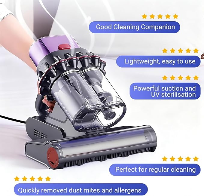 Powerful UV Bed Vacuum Cleaner, 14kPa Strong Suction Handheld Vacuum with 5-Cyclone System & Smart Sensor, Cordless for Mattress, Carpet, Car Interior Deep Cleaning
