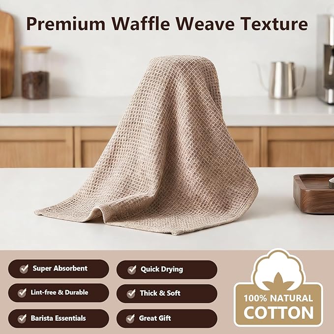 FGSAEOR Barista Cleaning Towels 6-Pack, 100% Cotton Waffle Weave 12x12 Inch Extra Thick Coffee Cloths, Ultra Soft Absorbent for Espresso Machine, Steam Wand, Milk Frother & Countertops