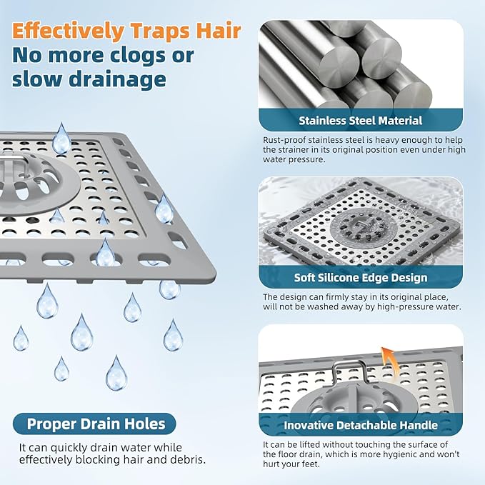 Hibbent Upgraded Shower Drain Hair Catcher for Bathroom Floor 4" Drain, Anti-Clogging Shower Drain Cover, Stainless Steel & Silicone Drain Strainer with Handle, Shower Drain Protector, Grey