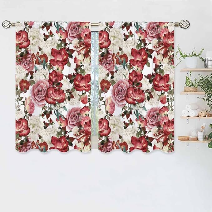 Vintage Floral Kitchen Curtains Red Pink White Peony Roses Bouquet Short Tier Curtains for Bathroom Cafe Small Window Drapes Treatment 2 Panels (27.5x39 Inch)
