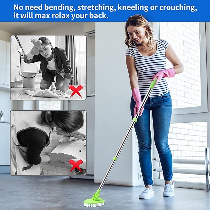 3 in 1 Scrub Cleaning Brush with Long Handle 37'', Floor Scrubber Brush Set with 1 Stiff Bristles and 3 Sponge Brush for Cleaning Bathtub Shower