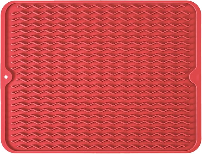 Silicone Dish Drying Mat, Non-Slip Easy Clean Sink Mat Large Heat-resistant Dish Drainer Mat for Kitchen Counter, Sink, Refrigerator or Drawer liner (18" x 16", RED)