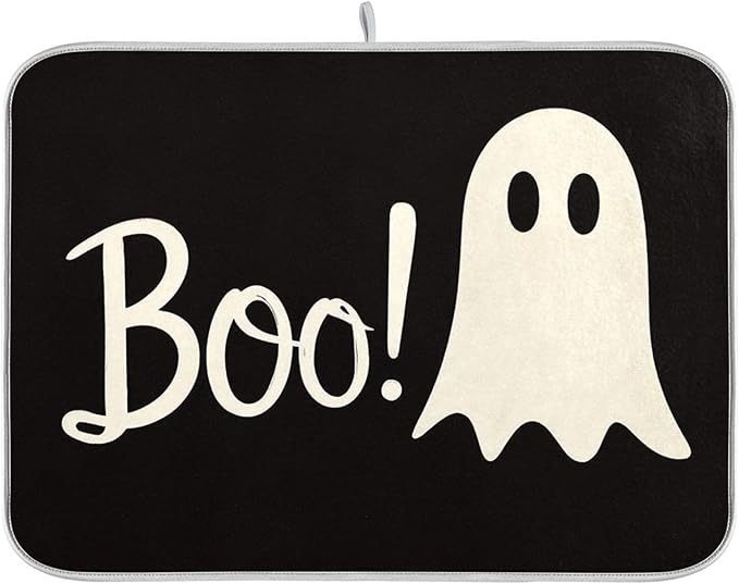 Halloween Ghost Boo Dish Drying Mat for Kitchen Countertop 18x24 Spooky Black Large Drying Mat Reusable Quick Dry Dish Sink Mats Easy Clean Decorative Essentials