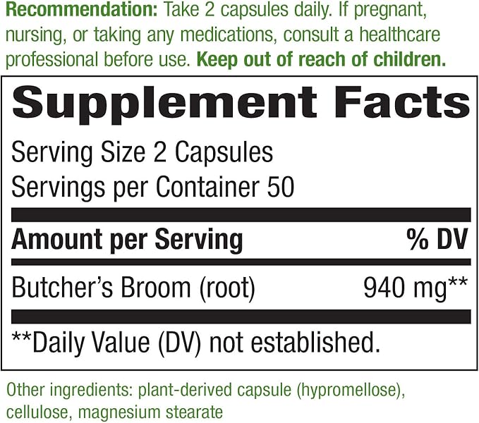 Nature's Way Butcher's Broom Root, Traditional Leg Vein Support*, 100 Vegan Capsules (Pack of 2)