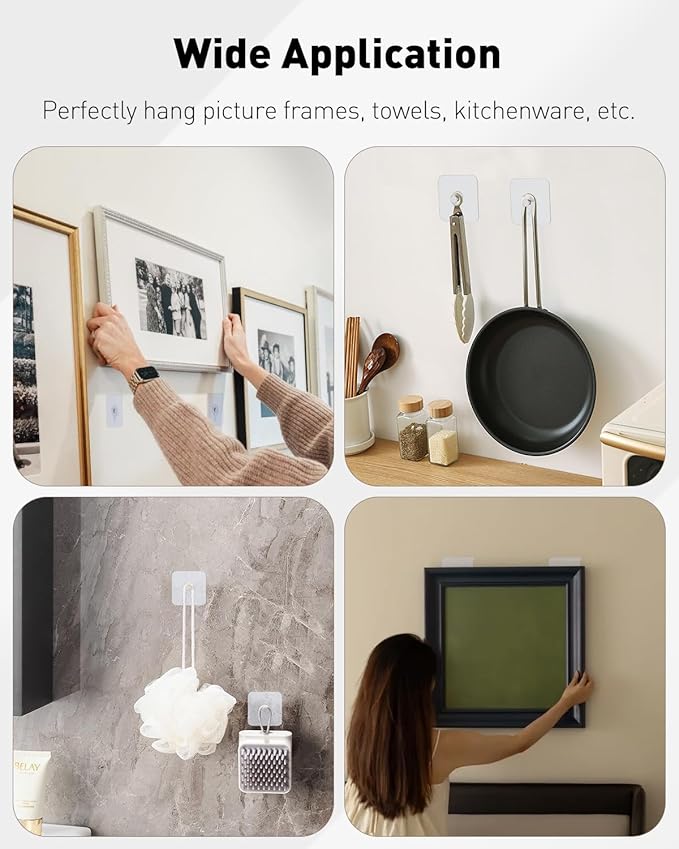 Uniclife 30 Pcs Self Adhesive Picture Hooks 40 lbs Load No Drill Screw Stickers 2.64" Heavy Duty Picture Hangers Without Nails Wall Hooks for Hanging Waterproof Frame Hangers Sticky Hooks for Bathroom