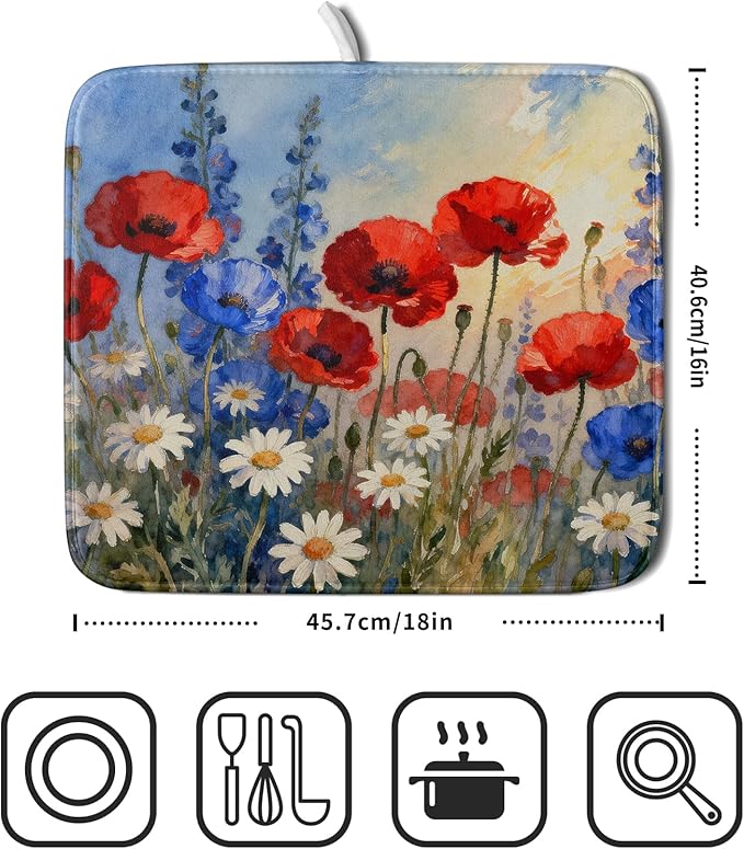 4th of July Dish Drying Mat for Kitchen Counter 16x18 Patriotic Floral Independence Day Memorial Holiday Absorbent Reversible Microfiber Drying Mats Kitchen Countertop Protector Dishes Drainer Pad