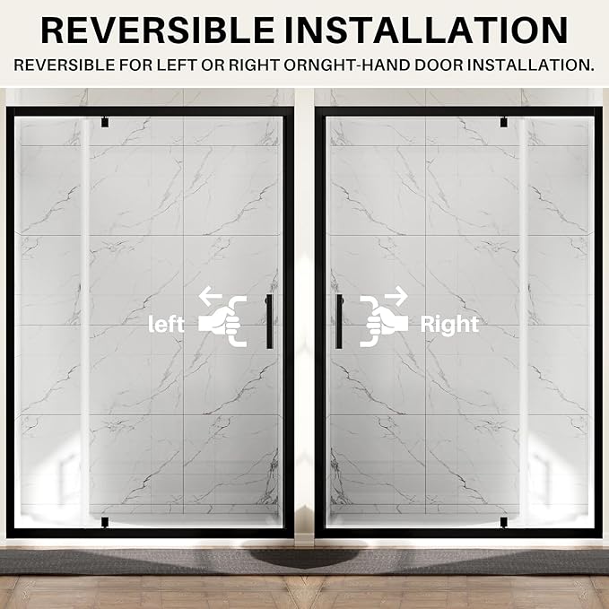 WinZo 47-48" W ×72" H Pivot Shower Door, 1/4"(6mm) SGCC Clear Tempered Glass Shower Door with Explosion Film, Nano Easy-Clean Coating, Reversible Installation, Matte Black