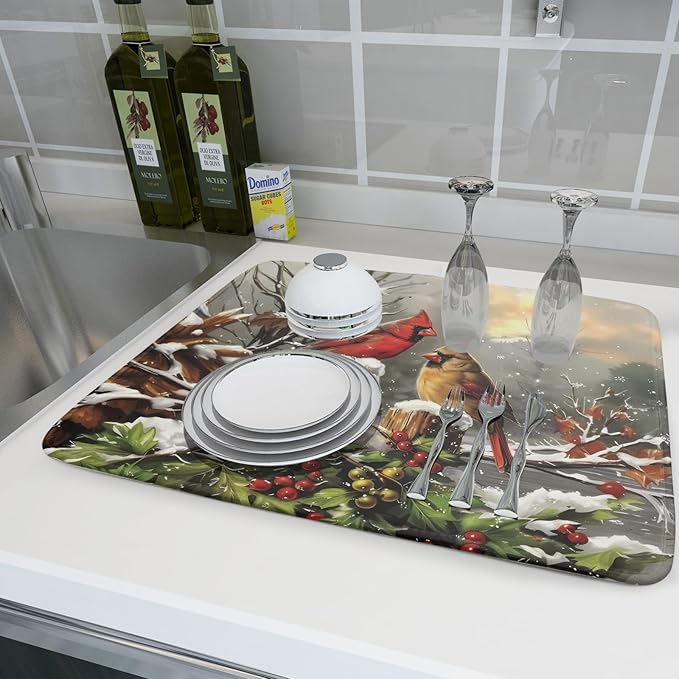 Winter Dish Drying Mat for Kitchen Counter 18x24 Inch Red Birds Cardinal Tree Christmas Theme Print Absorbent Reversible Microfiber Drying Mats Kitchen Countertop Protector Dishes Drainer Rack Pad