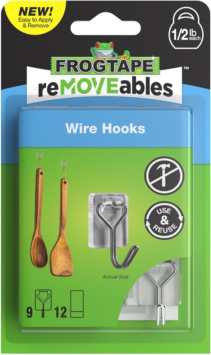 FrogTape reMOVEables Damage Free Adhesive Hook - Removable & Reusable Small Wire Wall Hooks for Hanging - No Nails - Includes 9 Hooks & 12 Adhesive Strips - Holds up to 0.5 lb - Clear (Pack of 9)