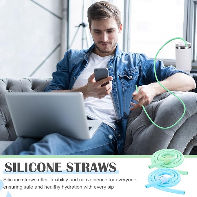 Baderke 2 Set Extra Long 35" Reusable Silicone Straws Compatible with Stanley 40 oz Tumbler Large Water Wine Bottle Flexible Drinking Straws & Cleaning Brushes Tumbler Accessories (Blue)