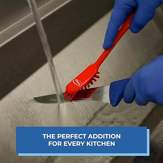 Vikan - Fine Dish Brush - Heavy-Duty, Narrow, Slip-Resistant Cleaning Brush, Polypropylene, Polyester Bristle, 11 Inch, Blue, (42873)