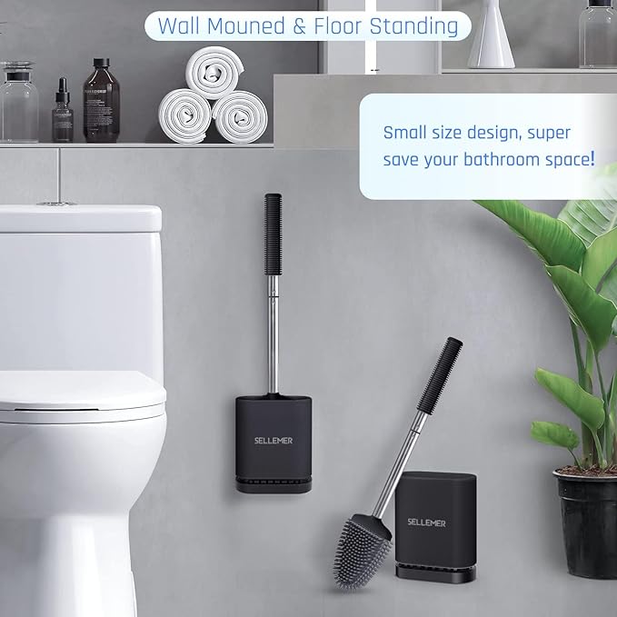 Sellemer Toilet Brush and Holder Set - Flexible Toilet Bowl Brush Head with Silicone Bristles, Compact Size for Storage and Organization, Ventilation Slots Base (4 Pack, Black)