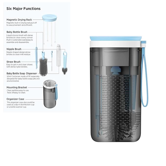 Travel Baby Bottle Drying Rack with Bottle Cleaning Brush Set, Blue