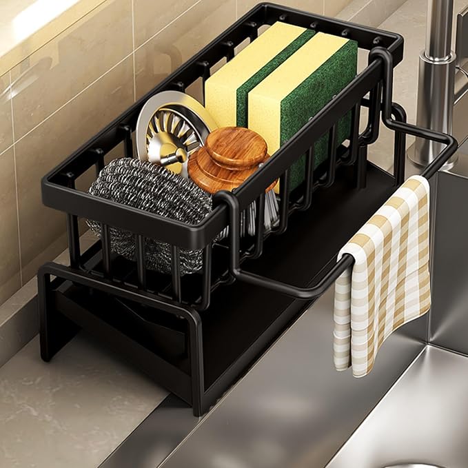 Kitchen Sink Organizer with Drain Tray, Sponge Holder, Brush Storage, Auto-Drying Rack for Dish Soap, Cleaning Tools, Countertop or Sink Caddy for Kitchen Decor