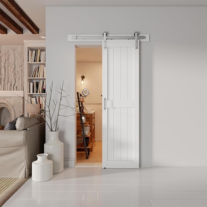24''x84'' Sliding Barn Door with 5 Ft Brushed Nickel Hardware Kit& Handle& Floor Guides,Pre-Drilled Holes Easy Assembly - Include Installation Manual, Water-Proof PVC Surface, H-Frame