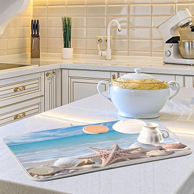 Starfishes Beach Seashells Dish Drying Mat for Kitchen Counter Absorbent Microfiber Drying Pad, Medium 16x18 in