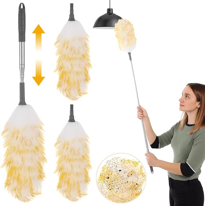 Lambswool Duster with 2 Replacements, Extends to 53 in, Anti-Scratch, Electrostatic, for Ceiling Fans, Furniture, Crafts