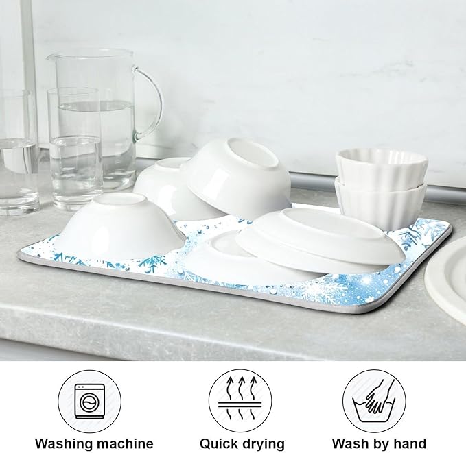 Winter Snowflake Blue Dish Drying Mat for Kitchen Countertop 16x18 Christmas Snowman White Xmas Small Drying Mat Reusable Quick Dry Dish Sink Mats Easy Clean Decorative Essentials