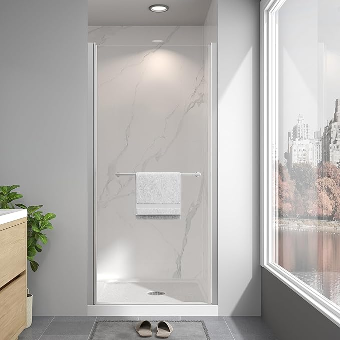 Frameless Pivot Shower Door 34"-36" W x 72" H, Swing Shower Glass Doors with Nano Explosion-Proof Film Tempered Glass 1/4"(6mm) Reversible Installtion, Brushed Nickel Finish