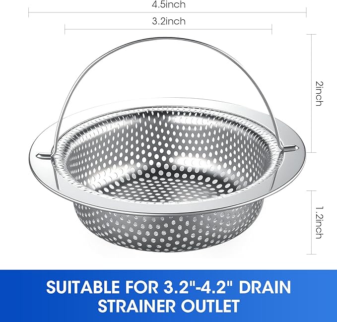 2 Pack 4.5" Kitchen Sink Strainer with Handle,Stainless Steel Sink Drain Strainer Basket, Kitchen Food Catcher for Sink Drain, Anti-Clog Design, Fast Flow, Dishwasher Safe.
