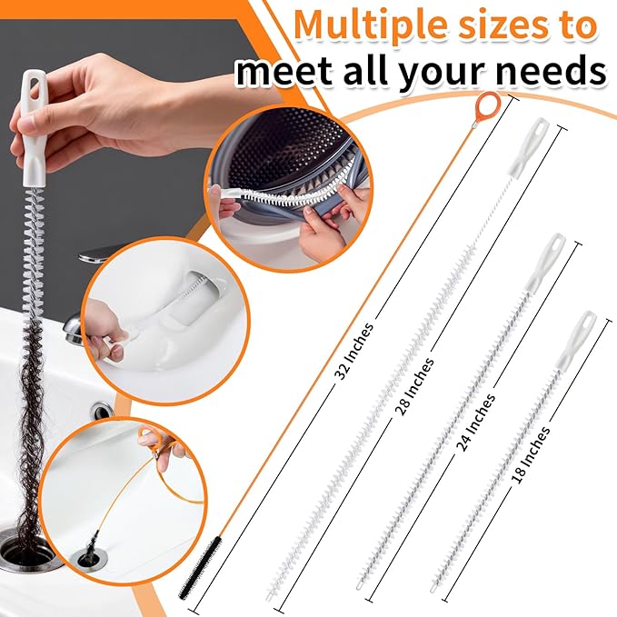 8 Pack Drain Snake Hair Drain Clog Remover, 32" Sink Snake (2pcs), 18/24/28 Inch Shower Drain Cleaner (6pcs), Drain Cleaning Brush for Toilet, Shower, Bathroom Tub, Kitchen Sink, Sewer