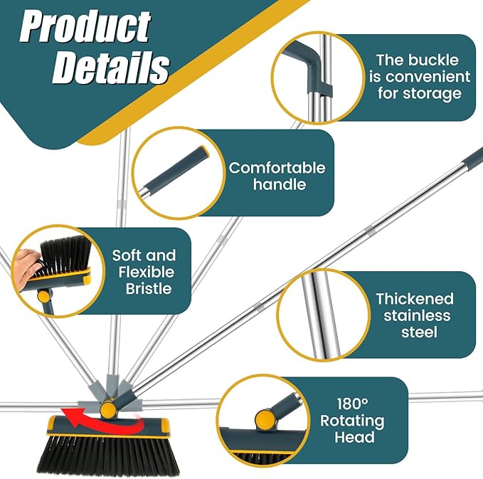 Broom and Dustpan Set for Home, 180° Rotating Broom Combo, Foldable Standing Dustpan and Brush, Long Handle Broom and Dustpan Combo Set with Scraper Teeth for Cleaning Room Office Lobby Floor (B)
