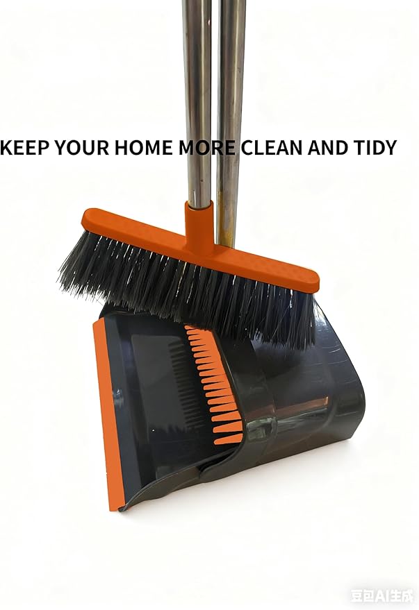 Upgrade Long Handle Design Broom and Dustpan Set - for Home & Office Use, with Upright Standing Dustpan, No Bending,Suitable for Indoor & Outdoor Sweeping,Orange and Grey