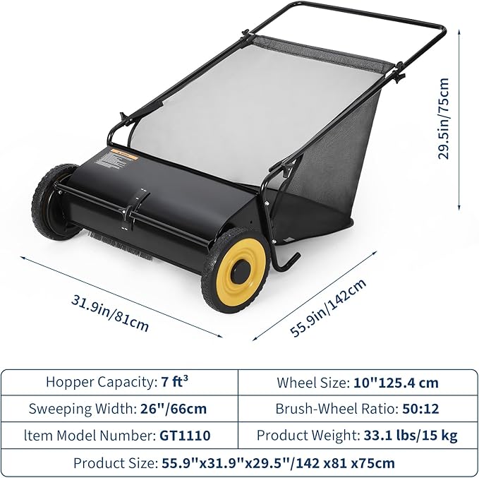 Garvee 26 in Heavy-Duty Push Lawn Sweeper - 4 Spinning Brushes, 7Ft³ Large Capacity Collection Bag, Adjustable Height for Grass, Leaves & Debris On All Terrains