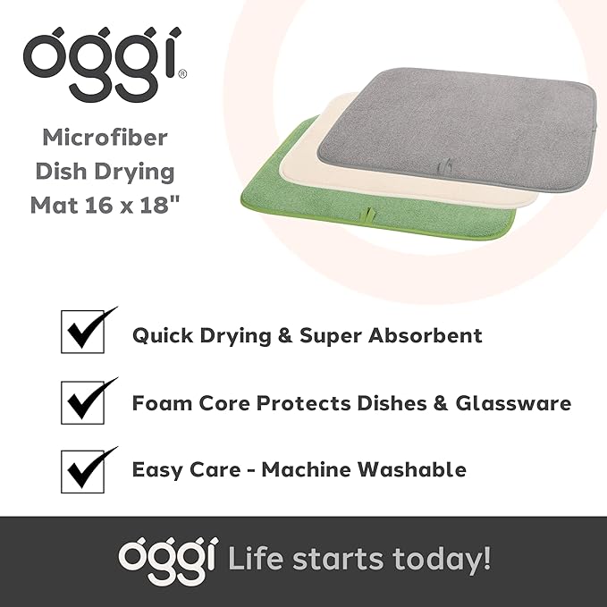 OGGI Absorbent, Reversible Microfiber Dish Drying Mat for Kitchen, Dish Drying Pad, 16 Inch x 18 Inch, Large, Gray
