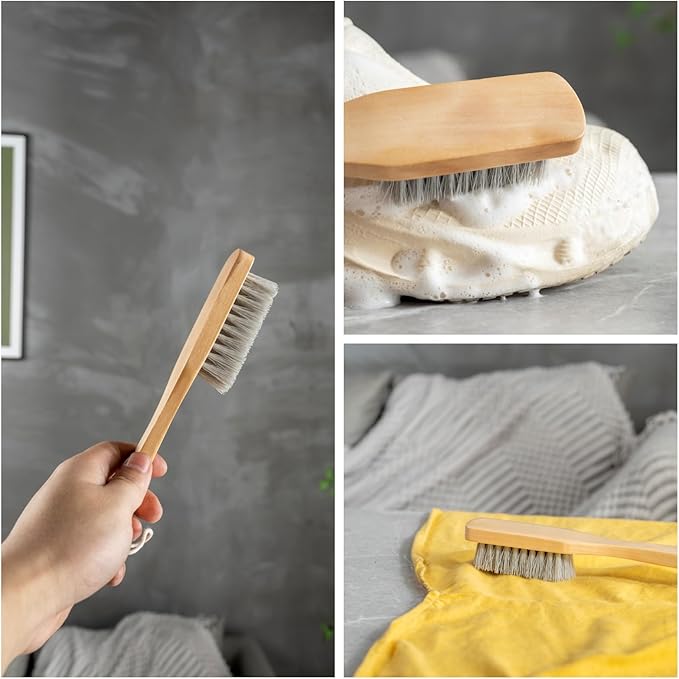 2 Pcs Long Handle Wood Laundry Brush for Shoe, Clothing Stain Remover Scrubber, Soft Bristle for Scrubbing Out Tough on Delicate, Easy to Grip Hand Washing Clothes