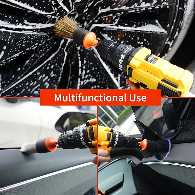 Car Drill Brush, 4Pcs Detachable Car Detail Drill Brush Set(Soft No Scratch Hair, Boar Hair, PP Bristis, Drill Brush Attachment Head), Drill Brush for Air Vent Automotive Interior Exterior
