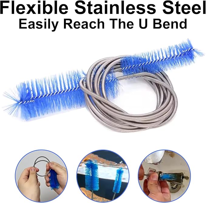 Flexible Long Drain Brush, 66 Inch Double Elastic Ended Nylon Cleaner Pipe Brush, and 2 PCS of 8 Inch Straw Cleaner Brush, Pipe Cleaners Brush Tool Kits (Blue + White)
