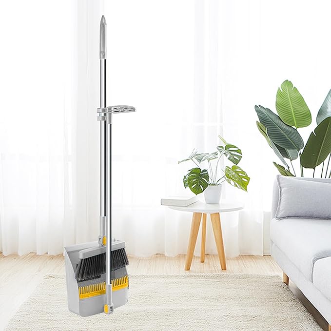 Broom with Dustpan Combo Set 180-degree Rotatable Brooms and Dustpan Set Non-Stick Hair Dustpan Sweeping Brooms Vertical Storage Broom Set Dust Pan and Broom Set for Dog Cat Pets Home Use (Gray)