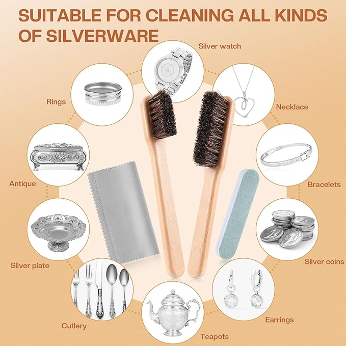 4 Pcs Horsehair Silver Cleaning Brushes Dauber Sterling Detail Polish Brush Applicator Set with Polishing Cloth for Silverware Plateware Jewelry Cleaner(Style B)