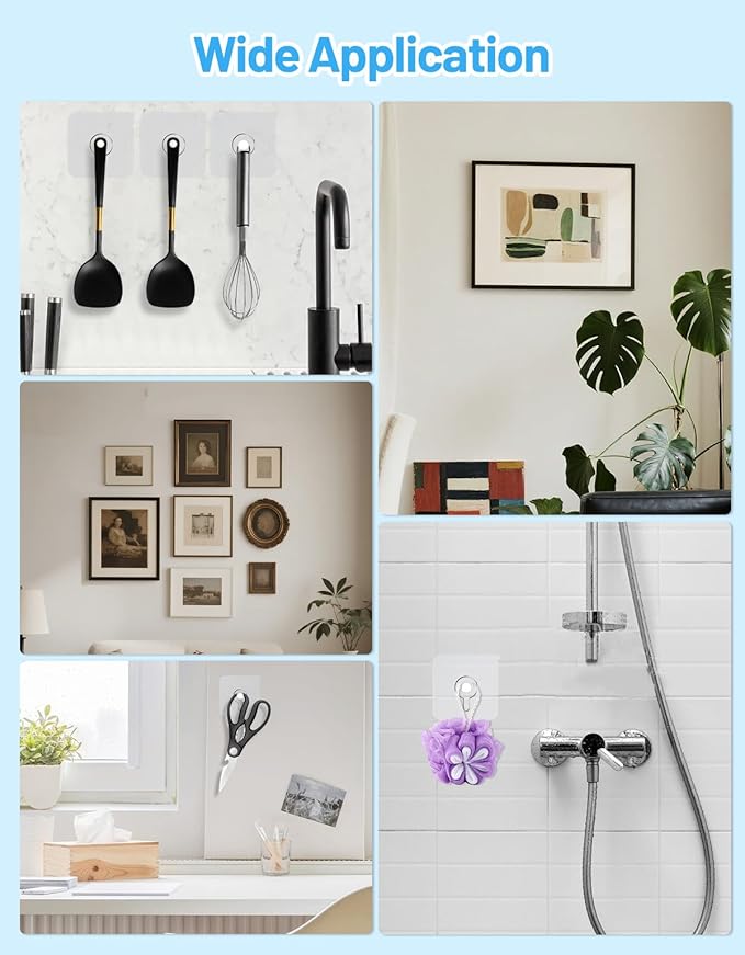 20 Pcs Adhesive Picture Hooks, 20 Ibs Load Heavy Duty Self Adhesive Wall Hooks for Hanging, Waterproof Picture Hangers Without Nails for Bathroom Kitchen, Transparent Sticky Hooks for Frames