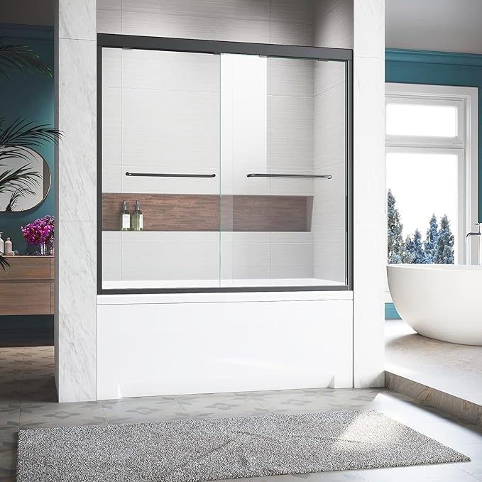 Bathtub Sliding Doors,56-60 inch W x 62 inch Height Shower Doors with 1/4 inch Clear Tempered Glass,Semi-Frameless Bypass Tub Doors with Stainless Steel Matte Black Hanles