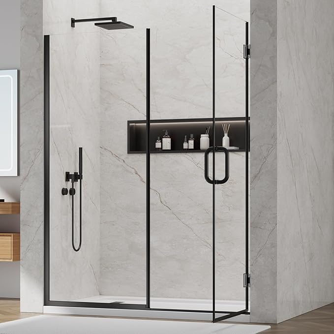 Pivot Shower Door, Adjustable Width 58.5-60" W x 76" H Hinged Shower Glass Door with 3/8" (10mm) Clear SGCC Tempered Glass with Nano Easy-Clean Coating, L01 Matte Black