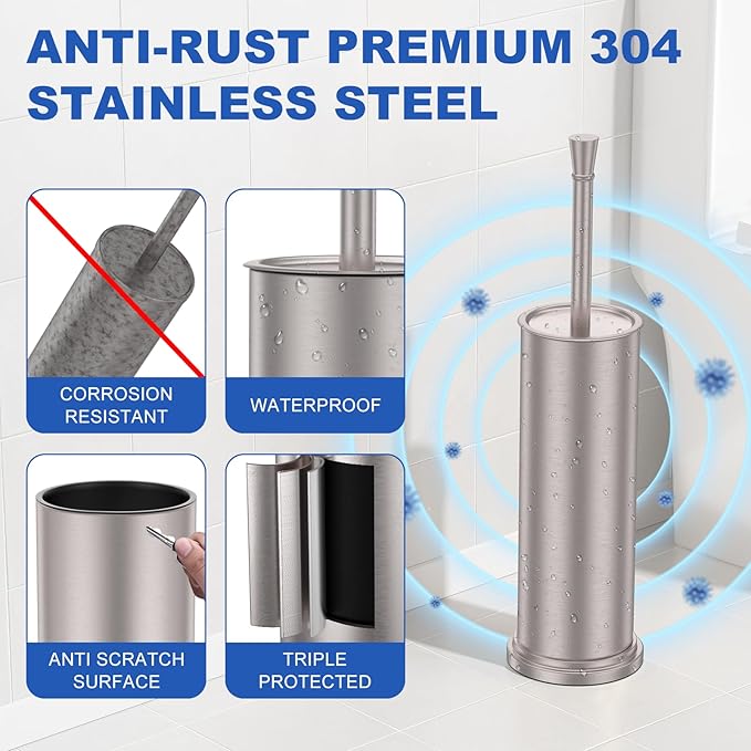 Toilet Brush and Holder Set：304 Stainless Steel Heavy Duty Toilet Bowl Brush，Removable Inner Bowl and Splash Protection，Bathroom Toilet Brush-Dense Bristles for Through Cleaning