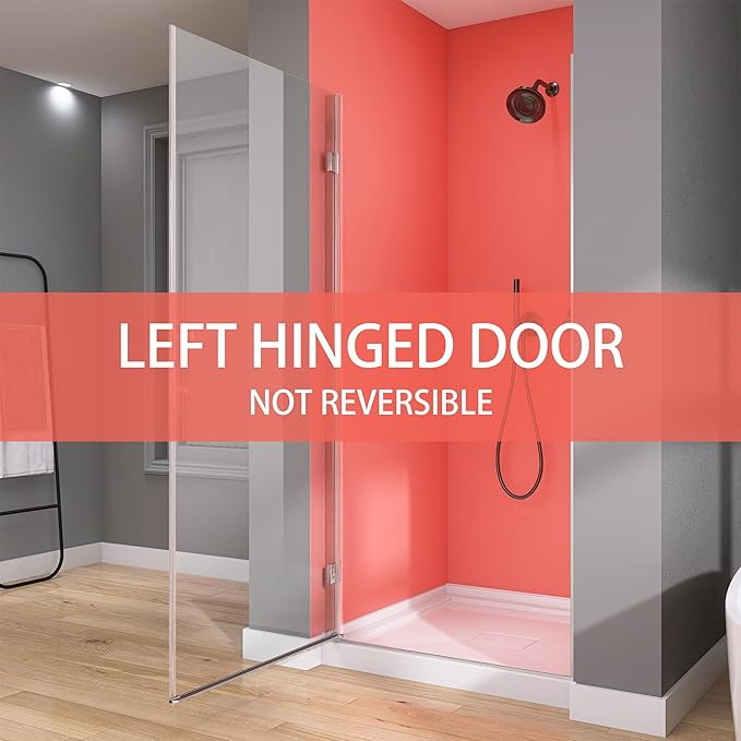 GETPRO Frameless Shower Door Pivot 30 in. W x 72 in. H Swing Single Small Shower Door with 1/4 inch Tempered Glass Panel Adjustable Left Hinged Bathroom Door for Shower Chrome Hardwares