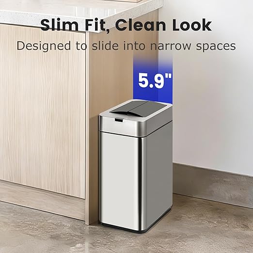 Sensor Trash Can with Butterfly Lid 2.6 Gallon Rectangular Automatic Garbage Can, Stainless Steel Trash Bin, Slim Waterproof Wastebaskets with Lid Soft Close for Under Counter, Silver