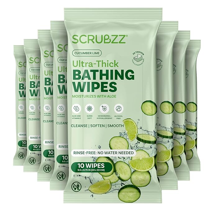 Extra Large Bath Wipes for Adults Bathing No Rinse - 80 Disposable Body Cleansing Wipes for Men, Women & Elderly - Great for Gym, Camping, Post Surgery - Shower Wipes - Cucumber Lime