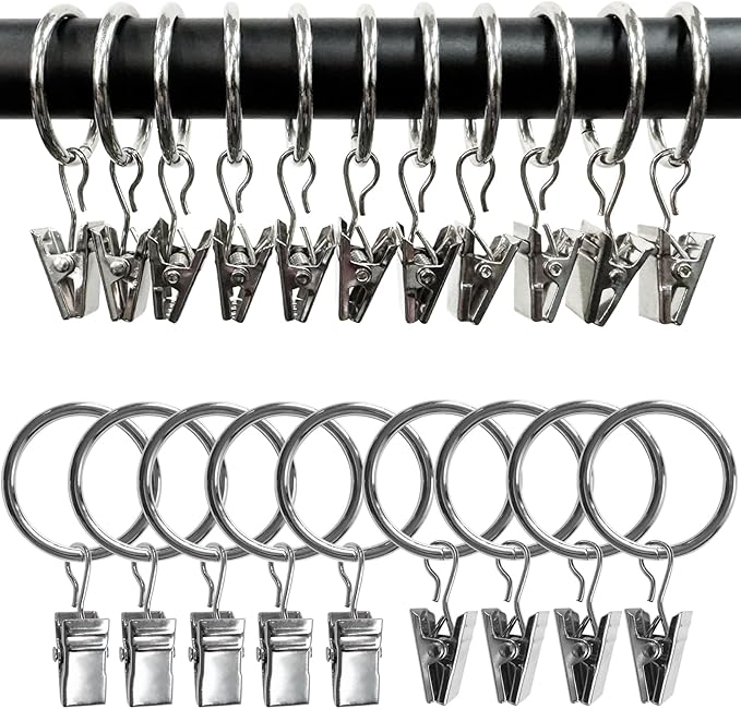 44 Pack Metal Curtain Rings with Clips, Drapery Clips with Rings, Drapes Rings 1 inch Inner Diameter, Fits Diameter 5/8 inch Curtain Rods, Silver