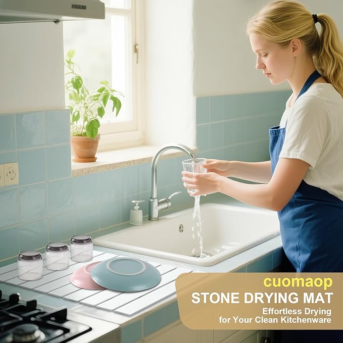 Stone Dish Drying Mat for Kitchen Counter, 23x15.3 Inch Large Fast-Absorbing Diatomaceous Earth Drying Pad, Quick Dry Foldable Stone Dish Mats for Countertop Dishes, Bottles, Cups and Utensils