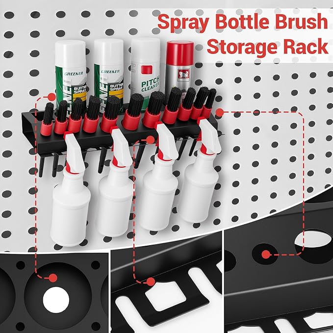 Car Cleaning Brush and Spray Bottle Storage Rack, Wall Mount Bottle Organizer Detailing Brush Organizer Holder，Car Beauty Shop Accessory Display，Spray Containers Tool for Auto Repair Shops Garages