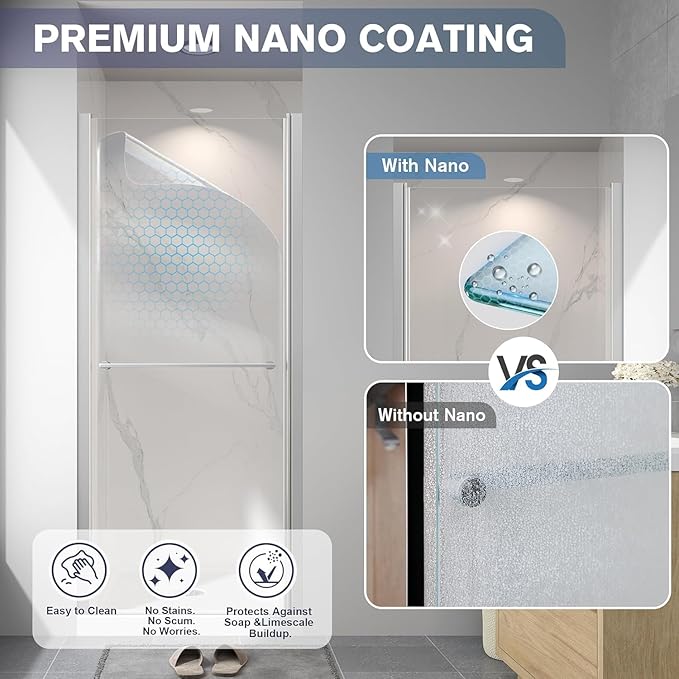 Frameless Pivot Shower Door 24"-26" W x 72" H, Swing Shower Glass Doors with Nano Explosion-Proof Film Tempered Glass 1/4"(6mm) Reversible Installtion, Brushed Nickel Finish
