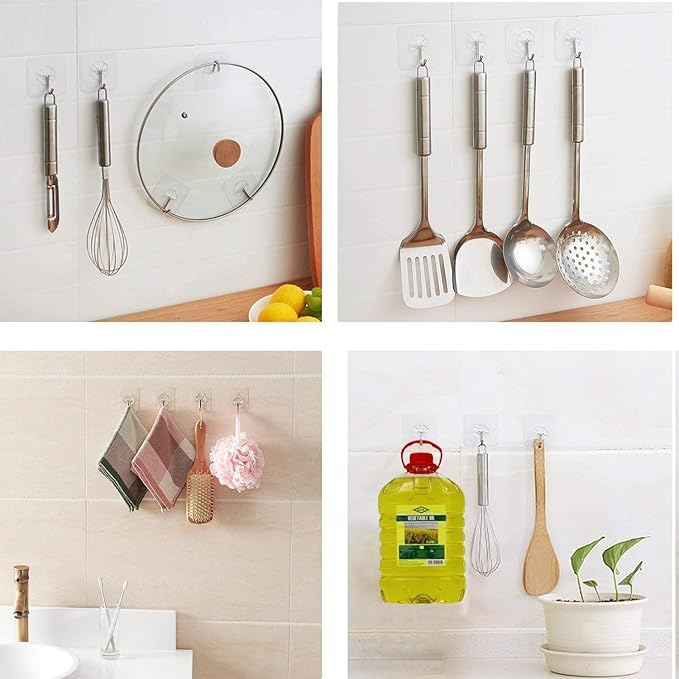 Adhesive Hooks Utility Hooks 44 lb/ 20 kg(Max), Heavy Duty Coat Hooks Waterproof and Oilproof Seamless Hooks, Reusable Wall Hook for Bathroom Kitchen
