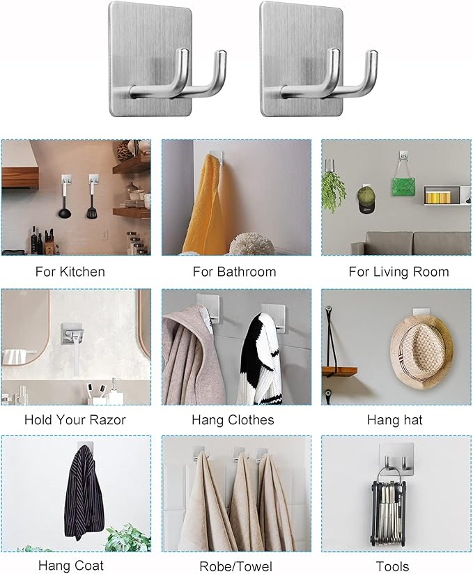 Adhesive Hooks, Razor Holder for Shower, Stick Bathroom Wall Towel Hooks, Stainless Steel Door Hangers for Coat Loofah Robes, Self Adhesive Room Organizer, 4 Pack