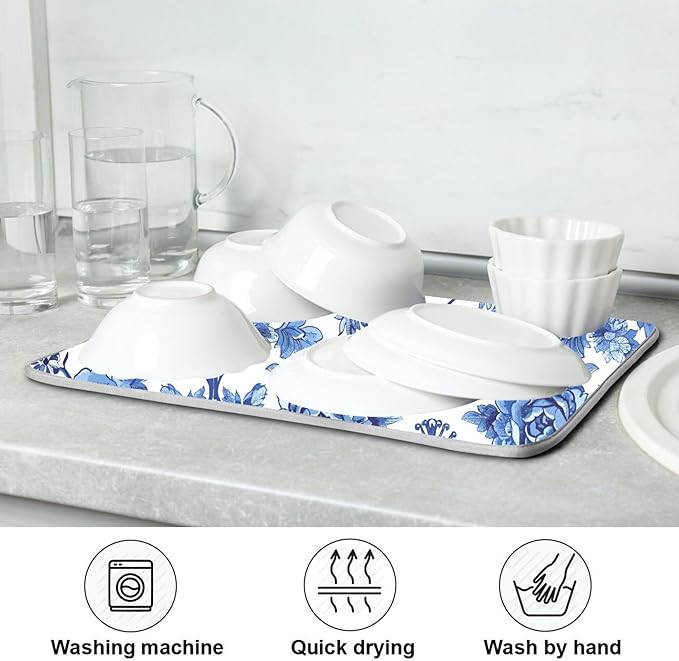 Blue White Porcelain Peony Dish Drying Mat for Kitchen Countertop 18x24 Rectangle Large Drying Mat Reusable Quick Dry Dish Sink Absorbent Mats Dishwasher Easy Clean Decorative Home Decor Essentials
